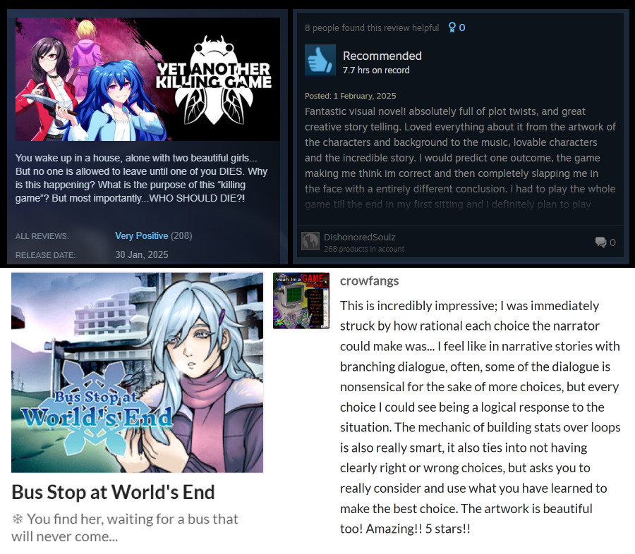 A review and comment from others praising the storytelling in my games
